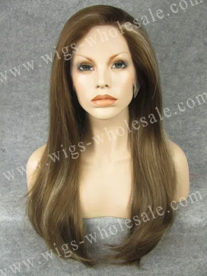 Brown mixed color straight lace front silk top synthetic wig halloween wigs 24inch