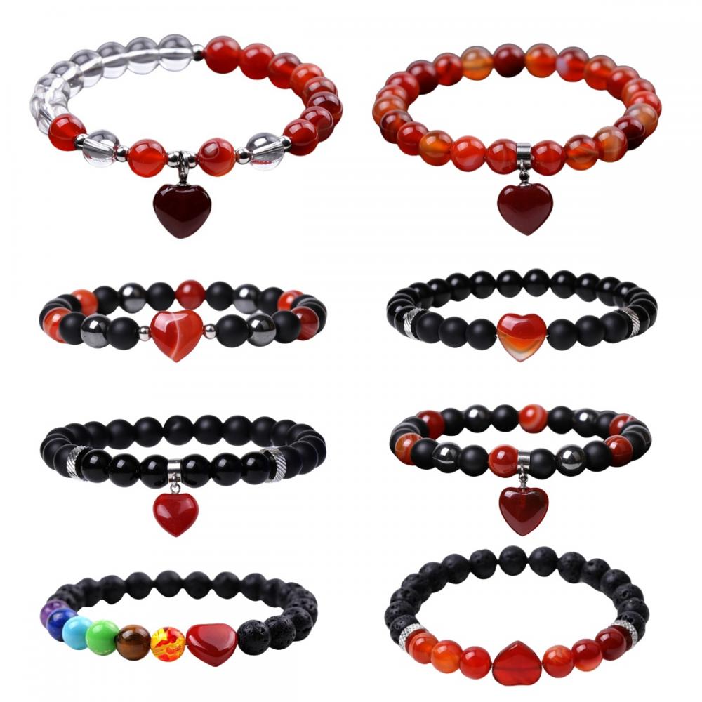 8pc A Set Gemstone Round Perles avec Bracelet de cœur Charka Guérison Crystal perles Stretch Bracelet pour femmes hommes