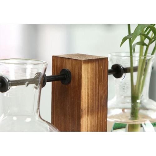 Retro Tabletop Hydroponics Flower Glass Vase Wood Holder