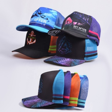 Custom Embroidery High Profile 5 Panel Trucker Hat with Mesh Panels and Side Stripes
