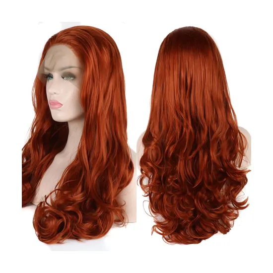 Cheap Free parting transparent Lace Front Long wavy Orange copper Red Wig for black Women 13x4 hd Lace Front Synthetic hair Wigs