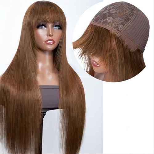 Chocolate Brown Straight Human Hair Wigs with Bangs