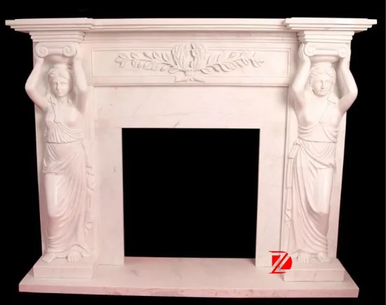 Stone fireplace mantel with lady