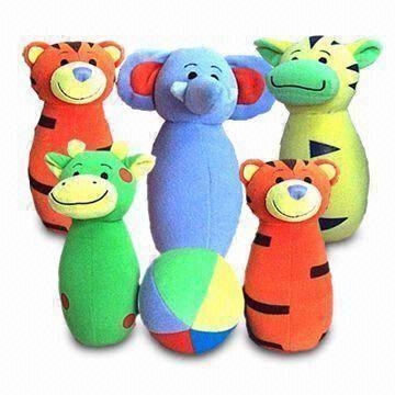 Baby Soft Toys with Animal-shaped Blowling Set, Made of Soft Velour