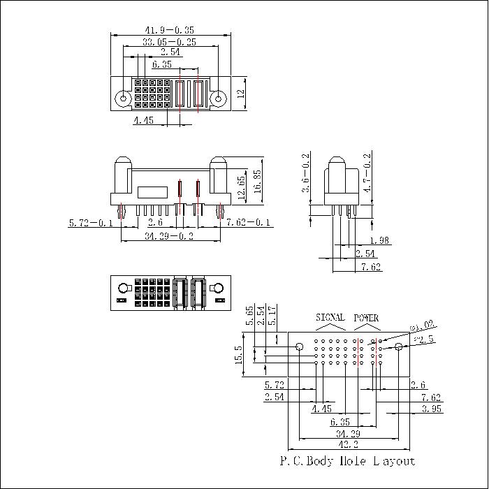 PSPF6.35S-0220G0G0AEX 6.35MM 2P Power+20P Signal Female Straight Dip Power Connector