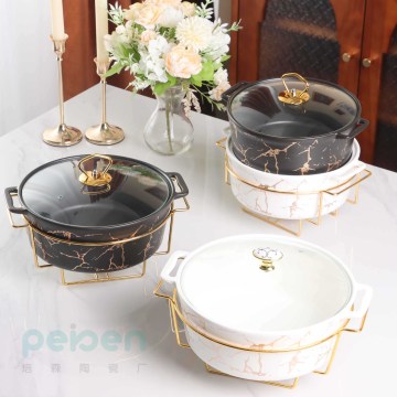 Stockpot หินอ่อนเซรามิกกลมที่ปรับแต่งได้พร้อมฝาแก้ว
