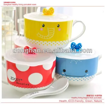 cute ceramic microwavable bowl with plastic lid in cartoon design