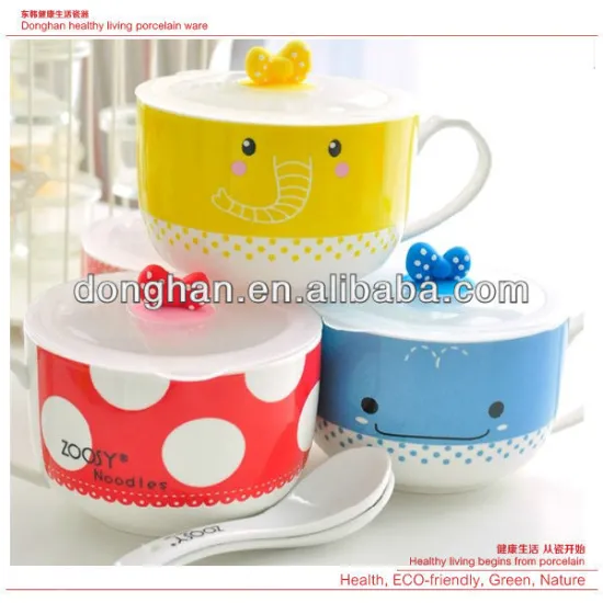 cute ceramic microwavable bowl with plastic lid in cartoon design