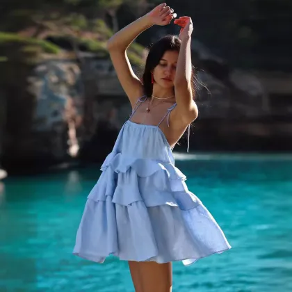 Chic Ladies Solid Layered Ruffles Sling Dress -Sexy Backless Sleeveless Mini Dress