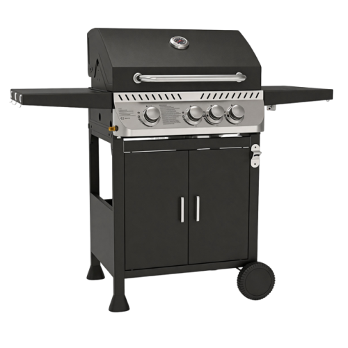 Parrilla de barbacoa de gas propano premium de 4 quemadores con panel de control de acero inoxidable y 3 ganchos para herramientas en estantes laterales