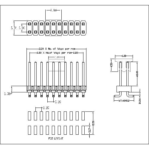 2.2x3.0x2.3mm Male Pin Header Connector Dual Row SMT Vertical