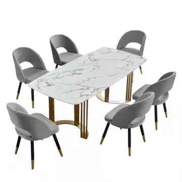 wholesale dining room furniture modern marble dining table set 6 chairs brush gold stainless steel rectangular dinner table