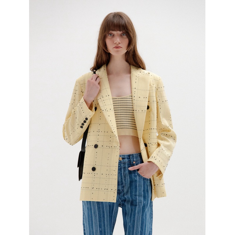 Office Yellow Plaid Blazer For Women