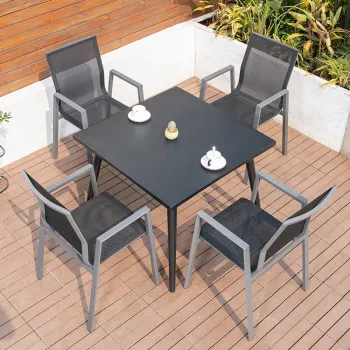 Black Rattan Teslin Dining Chair with 4 Armrests and 35 Inch Aluminum Square Table for Restaurant