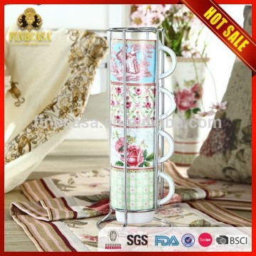 8OZ Elegant White Porcelain Stackable Coffee Mugs with Rack