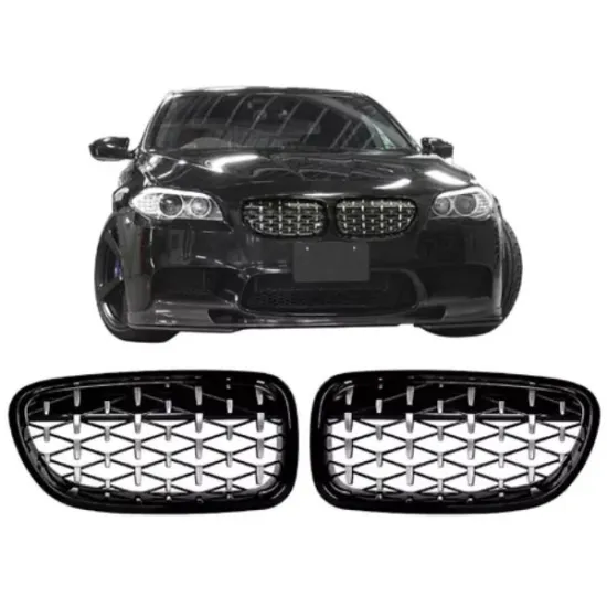 Chrome Diamond AMG Style Grill Front Kidney Grille 2010-2016 BMW 5 Series F10 F11 M5 ABS Gloss Black 2-Piece Set