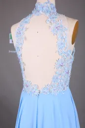 Lace Chiffon A-line Halter Light Blue Evening Dresses