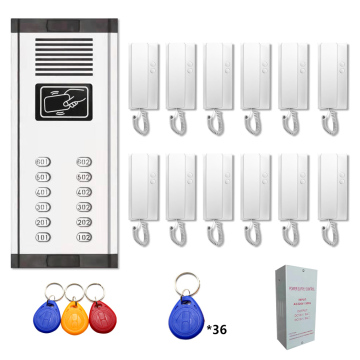 12 Apartments Wired Intercom System with 36 Pcs ID Cards, Multi-User Audio Intercom Kit including 12 Headsets for Building