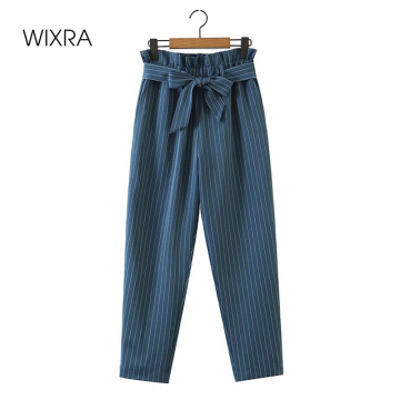 Wixra Womens Striped Pants With Belt High Elastic Waist Pockets New Fashion Office Lady Trousers Summer Autumn Clothes