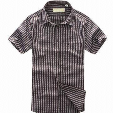 Men's casual shirt, short sleeves, made of 100% polyester, spread collar, yarn-dyed striped fabric