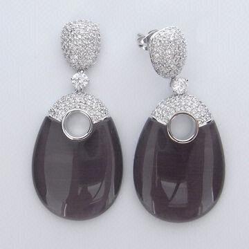 Fine silver earring with pave set white cubic zirconia and fashion grey cat eye