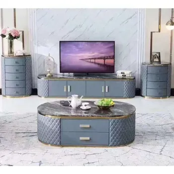 Modern Leather Wooden Coffee Table with Marble Top and Steel Frame for Living Room