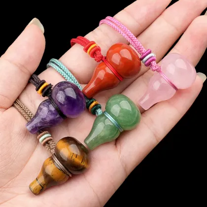 Gemstone Calabash Pendant Neckalce 18X30MM Handmade Craved Calabash Charm Pendant Rope Necklace