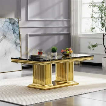 Modern Gold Stainless Steel and Black Marble Coffee Table Set