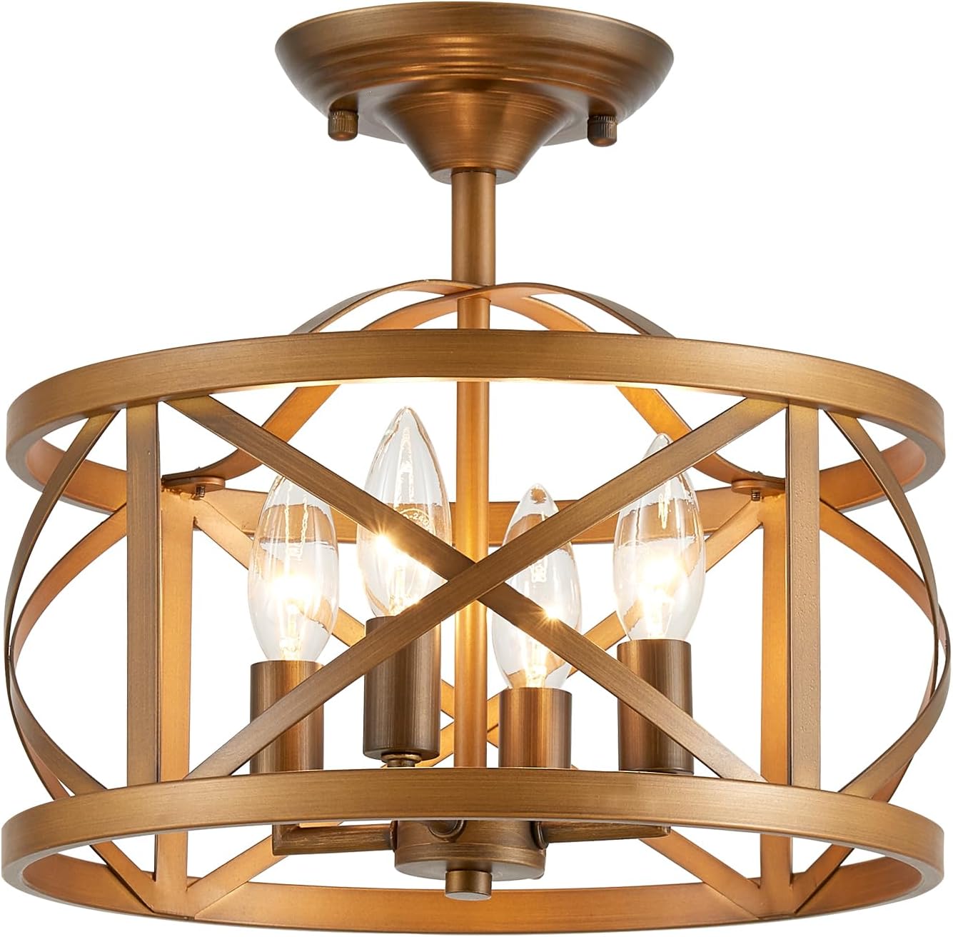 Rustic Vintage Farmhouse 4-Light Bronze Semi Flush Mount Ceiling Light With Metal Cage (2)