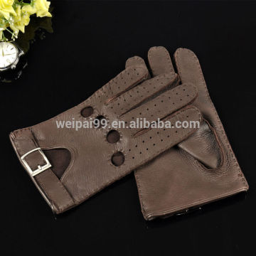 Top luxury buckle hand sewing breathable driving gloves dark brown deerskin leather gloves for men