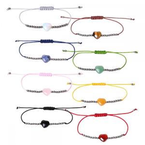 Gemstone Heart Woven Bracelet 4MM Silver Ball Adjustable Bracelet Natural Stone 12mm Heart Handmade Charm Heart Woven Bracelet