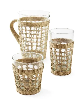 rattan wrapped glass water pitcher with cups