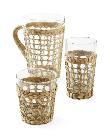 rattan wrapped glass water pitcher with cups