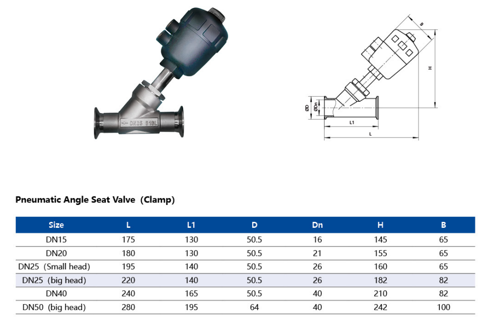 Sanitary Angle Seat Valve Dimension 1