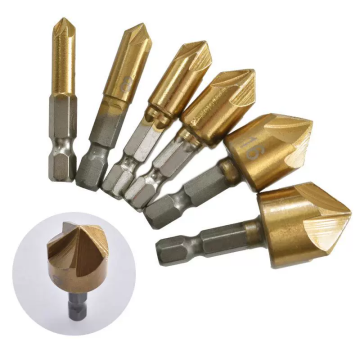 6-Piece High-Speed Steel (HSS) Countersink Set with 5 Flutes and 90 Degree Angle for Wood - Quick Change System