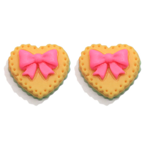 17mm Cartoon Heart Cookies With Bowknot Decoration Food Play DIY Biscuit Children Hair Ornament Resin Charms For Decoration