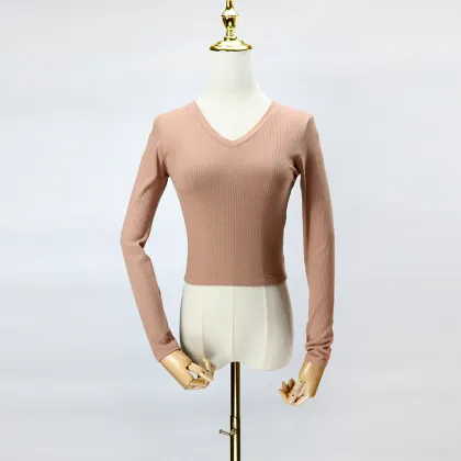 Popular long-sleeved V-neck cotton T-shirt