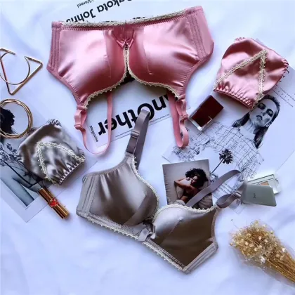 Women's Mixed Color Silk Bra and Brief Set with Bow Knot