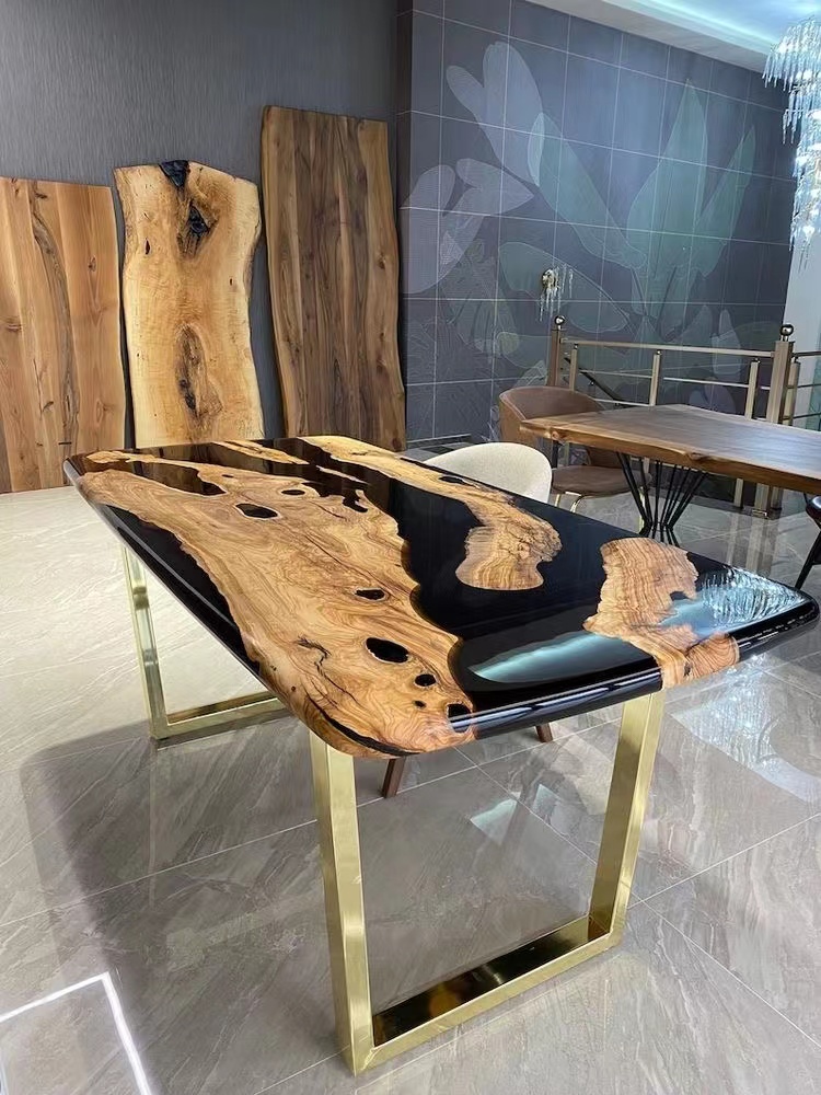 Modern Furniture Direct Solid Walnut Wood Cafe Coffee Kitchen Restaurant River Dining Table Epoxy Resin Slab