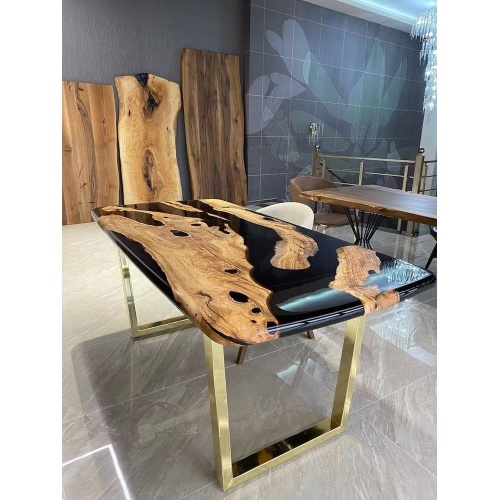 China Modern Furniture Direct Solid Walnut Wood Cafe Coffee Kitchen Restaurant River Dining Table Epoxy Resin Slab Manufactory