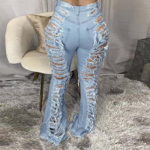High Waisted Ripped Denim Pants Ladies denim flared ripped pants Manufactory