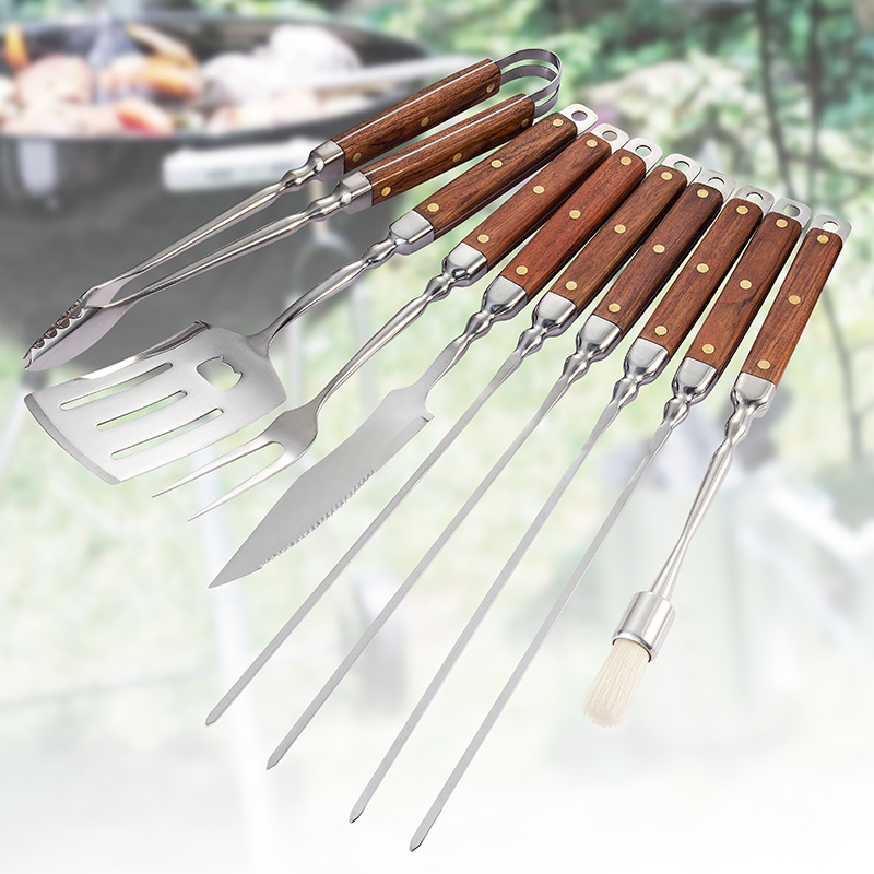 High-end 9 Pcs Wooden Handle Barbecue Tools Set