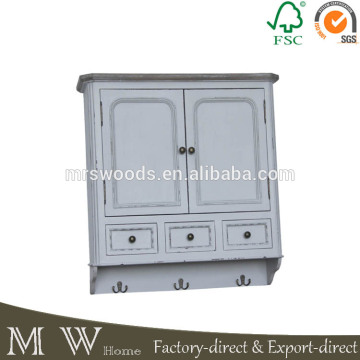 Witte kast met haken, 2Drawer 3deur houten kast, antieke keukenwandkast