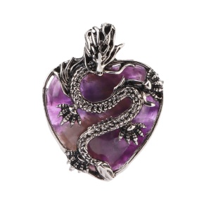 Amethyst Heart Antique Silver Dragon Gemstone Pendant (32x42mm) for DIY Making Jewelry