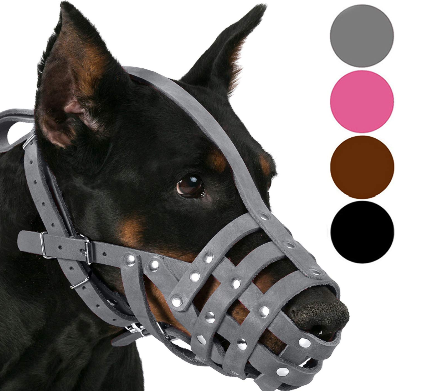 Pink Gray Leather Dog Muzzle