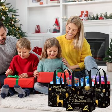 Christmas Snowflake Non-Woven Tote Bags - 12 Pack Black Gold Reusable Gift Bags with Handles