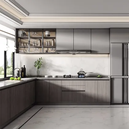 Simple Full Integral Stainless Steel Kitchen Cabinet with Island in Marble Countertop