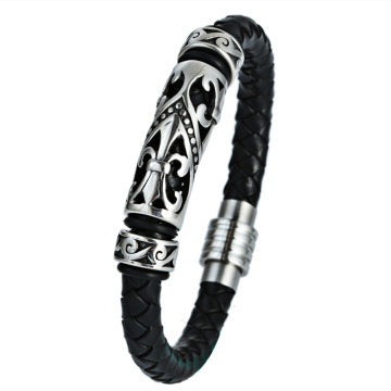 Men's Italian Genuine Leather Bracelet with Stainless Steel Totem Tubes Charm