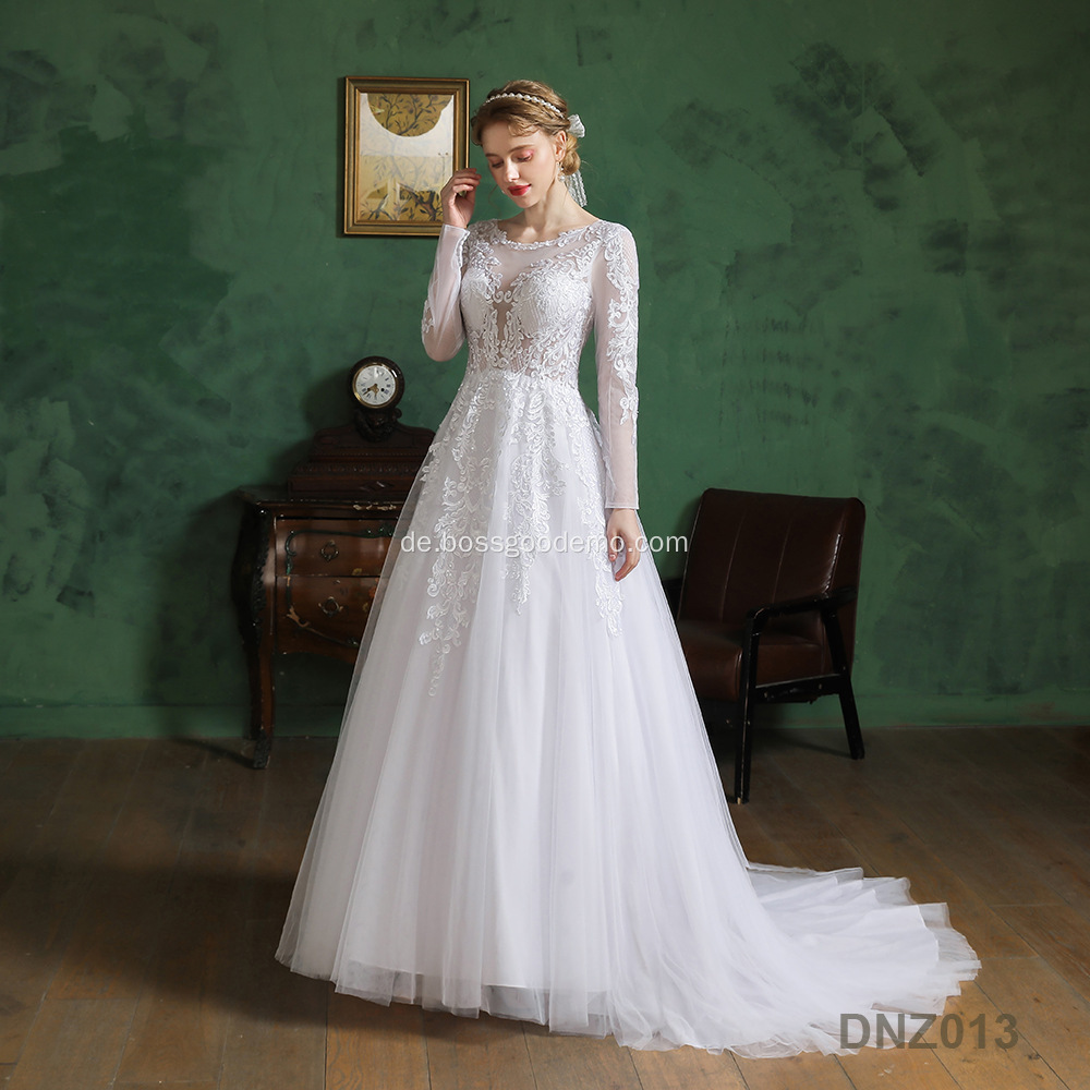 Ballkleid Spitze Weiß Langarm Hochzeitskleid