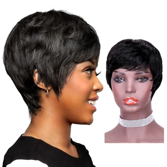 Short Wigs with Bangs Human Hair Wig  Afro Curly Pixie Cut Curly Wigs for Black Women natural black